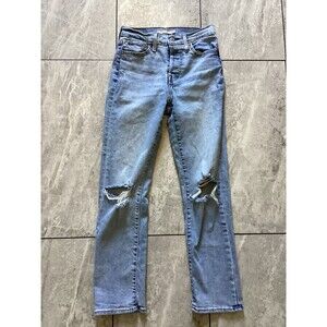 Levis Wedgie Straight Jeans Womens 25 Distressed Ripped Knee High Rise Denim Pan